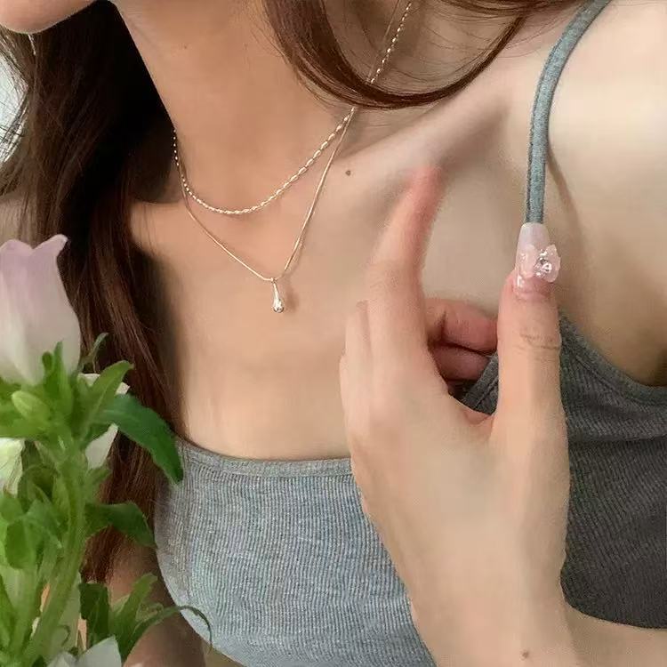 Silver droplet double-layer necklace color