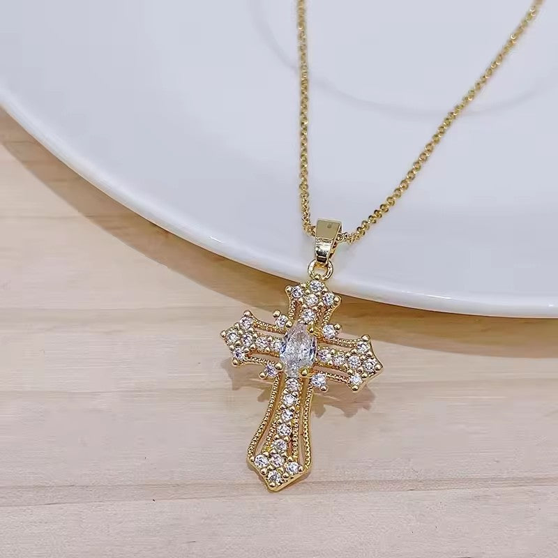 Women Hip Hop Zircon Cross Shiny Pendant Stainless Steel Necklace