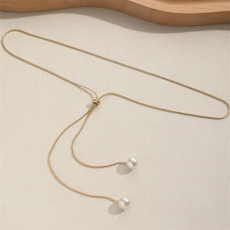 Simple Faux Pearl Pendant Adjustable Long Sweater Chain Necklace