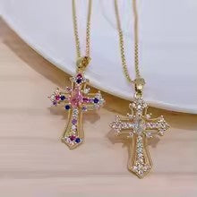 Women Hip Hop Zircon Cross Shiny Pendant Stainless Steel Necklace